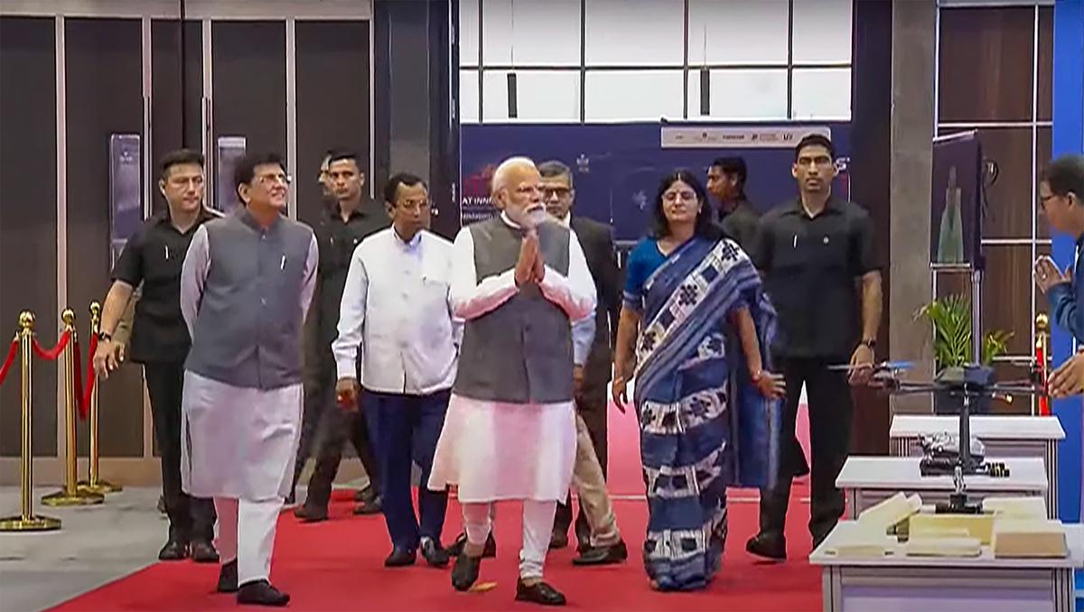 Prime Minister Narendra Modi with Union Minister Piyush Goyal arrives to inaugurate Startup Mahakumbh at the Bharat Mandapam.