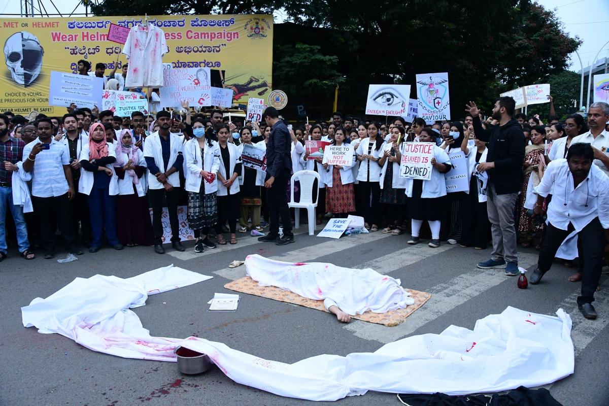 After taking part in a candlelight march in Kalaburagi on Monday, doctors and others enacting a streetplay to create awareness and to check the increasing rate of heinous crimes.