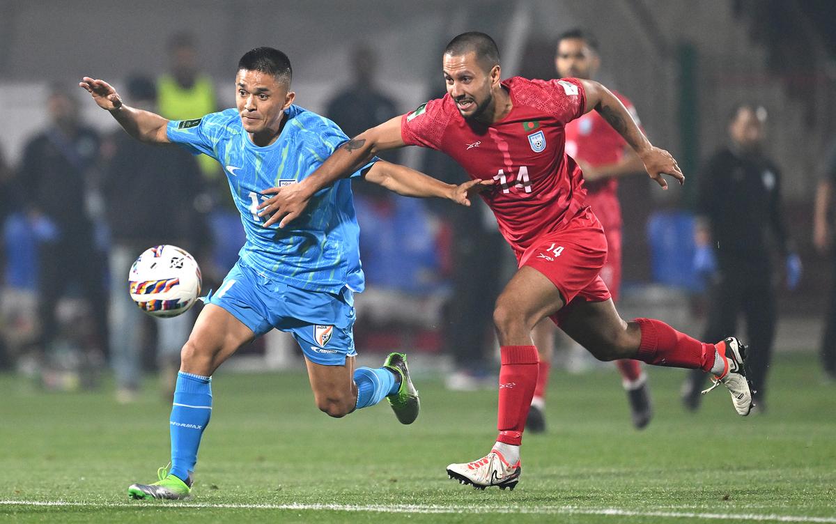 Sunil Chhetri during the AFC Asian Cup qualifying match against Bangladesh.