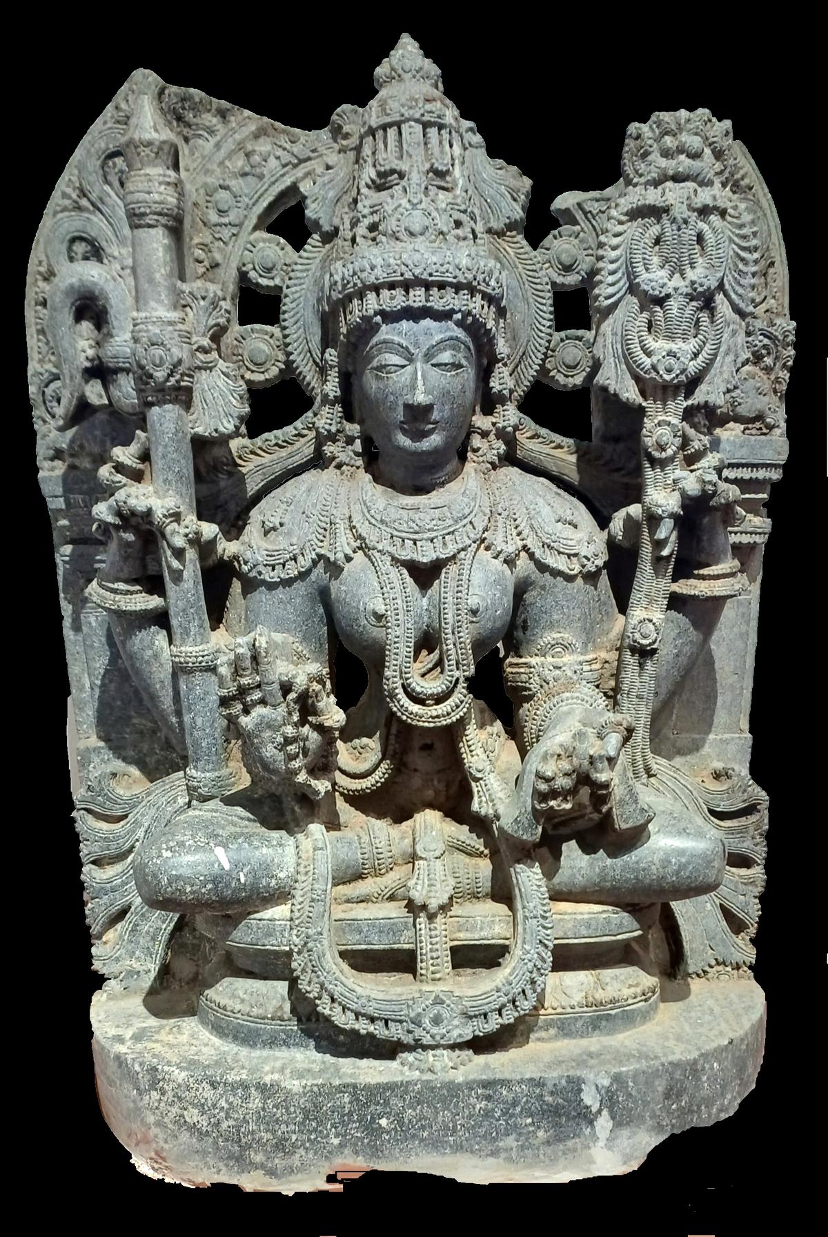 A sculpture of goddess Saraswathi dated to 13th century CE and belonging to the Hoysala period, displayed at the Department of Archaeology Museums and Heritage in Mysuru. 