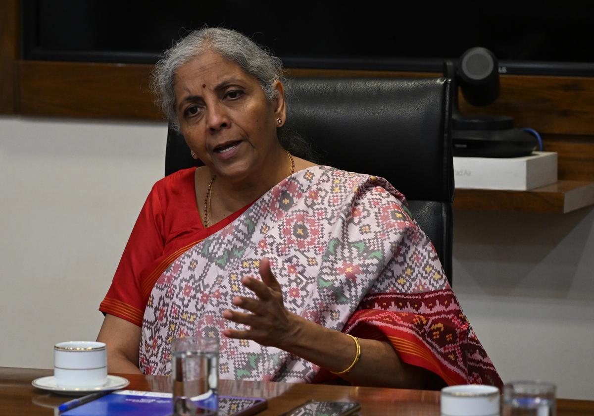 Nirmala Sitharaman, Minister of Finance and Minister of Corporate Affairs speaking at the The Hindu repoters at their office on September 21, 2024.