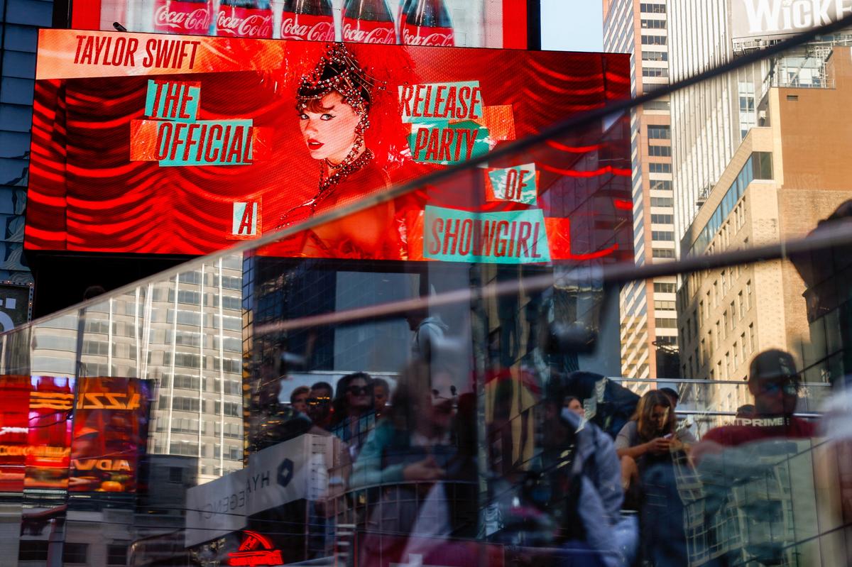 A billboard advertises ‘The Official Release Party of a Showgirl,’ a movie celebrating Taylor Swift’s new album ‘The Life of a Showgirl,’ in Times Square in New York City