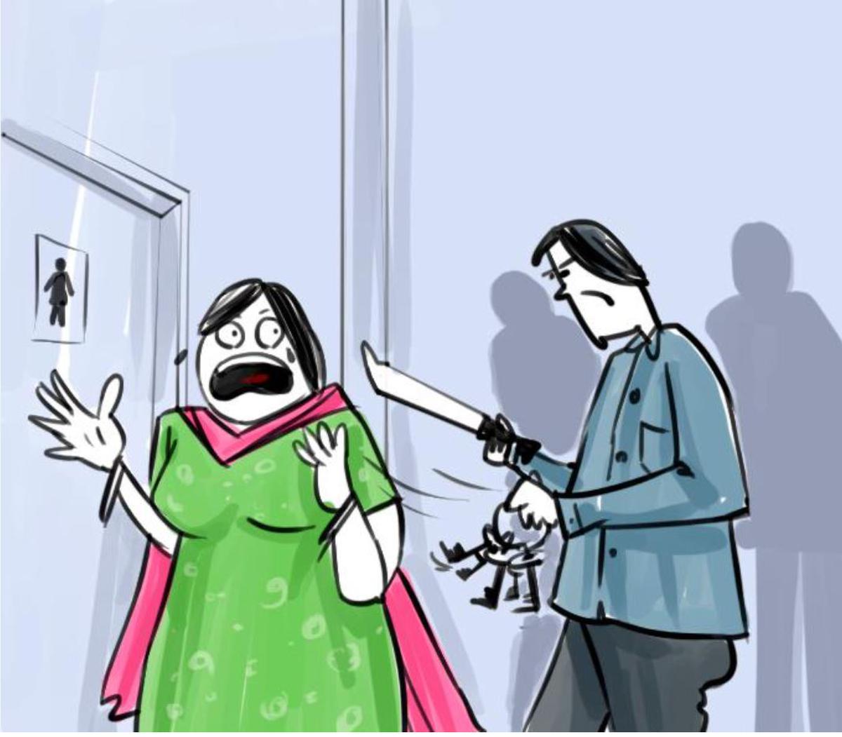 2.10 p.m.: Murugan and two associates barge in. They brandish a knife at Vijayalakshmi ; push her into bathroom after snatching the keys of the vault. Illustration: Sreejith R. Kumar