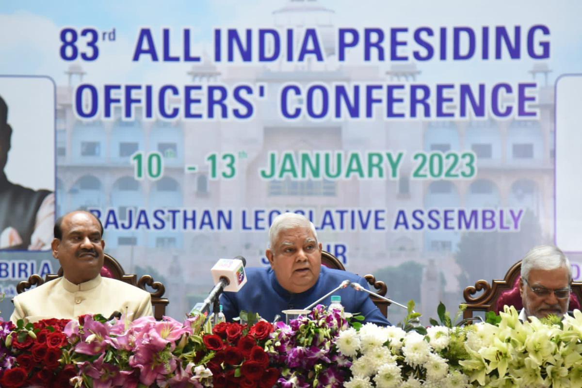 Vice-President Jagdeep Dhankar addresses the 83rd All India Presiding Officers Conference in Jaipur on January 11, 2023. Photo: Twitter/@VPSecretariat  