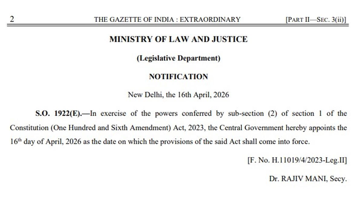 Women’s Reservation Act 2023 comes into force: Gazette notification