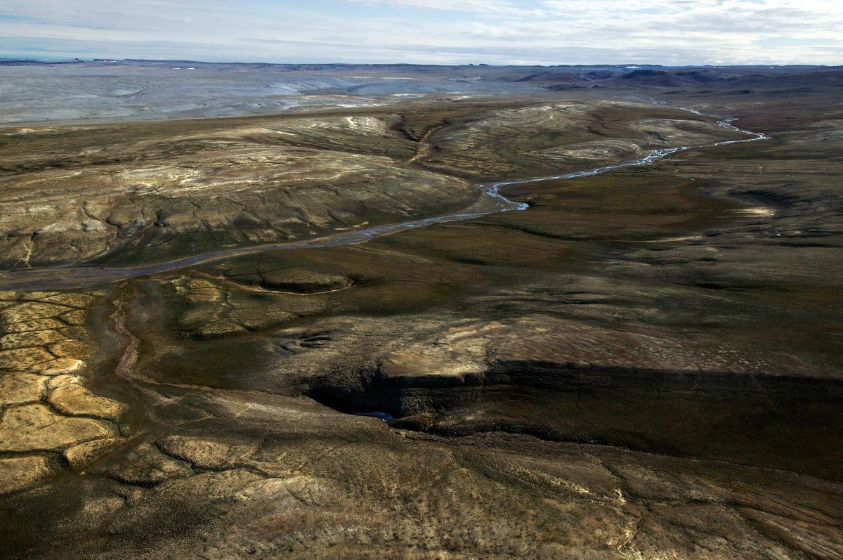 View of the Haughton Formation near Rabbit Run creek on Devon Island, Nunavut. The dry, cold “polar desert” conditions helped preserve the ancient rhinoceros fossil found here, including traces of original proteins. View of the Haughton Formation near Rabbit Run creek on Devon Island, Nunavut. The dry, cold “polar desert” conditions helped preserve the ancient rhinoceros fossil found here, including traces of original proteins.