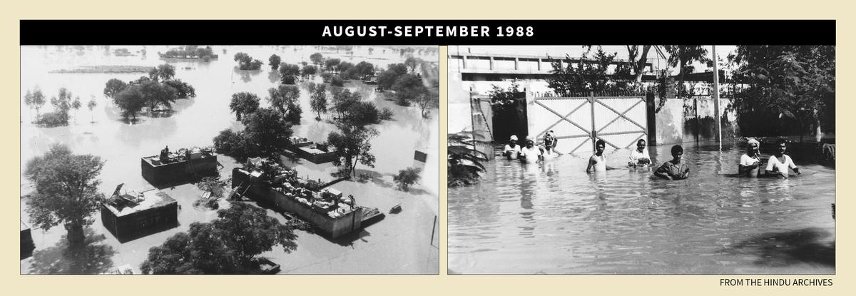 (Left) An isolated and marooned village in Sultanpur Lodhi area of Kapurthala district in Punjab in 1988; (right) people leave flooded houses in Ludhiana city. Photos: Special Arrangement (Left) An isolated and marooned village in Sultanpur Lodhi area of Kapurthala district in Punjab in 1988; (right) people leave flooded houses in Ludhiana city. Photos: Special Arrangement