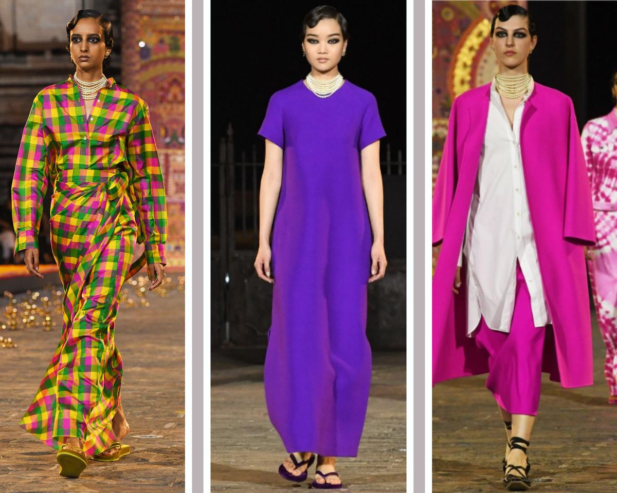 Models walk the runway in Dior's Madras check (made by Chanakya by weavers in Tamil Nadu), queen pink and deep purple   