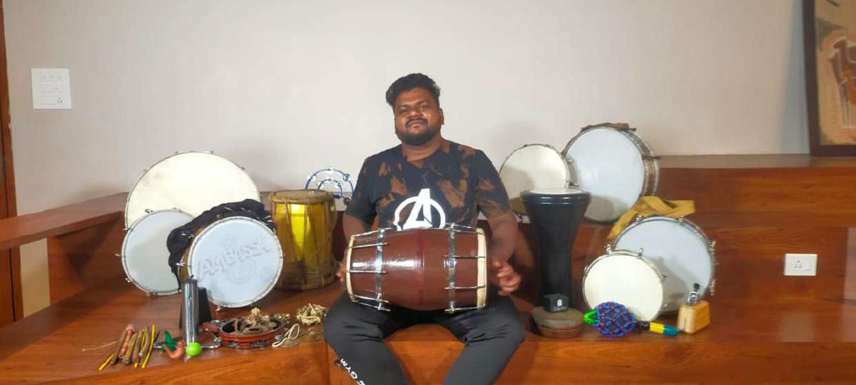 Sarath Kumar with the percussion instruments he plays