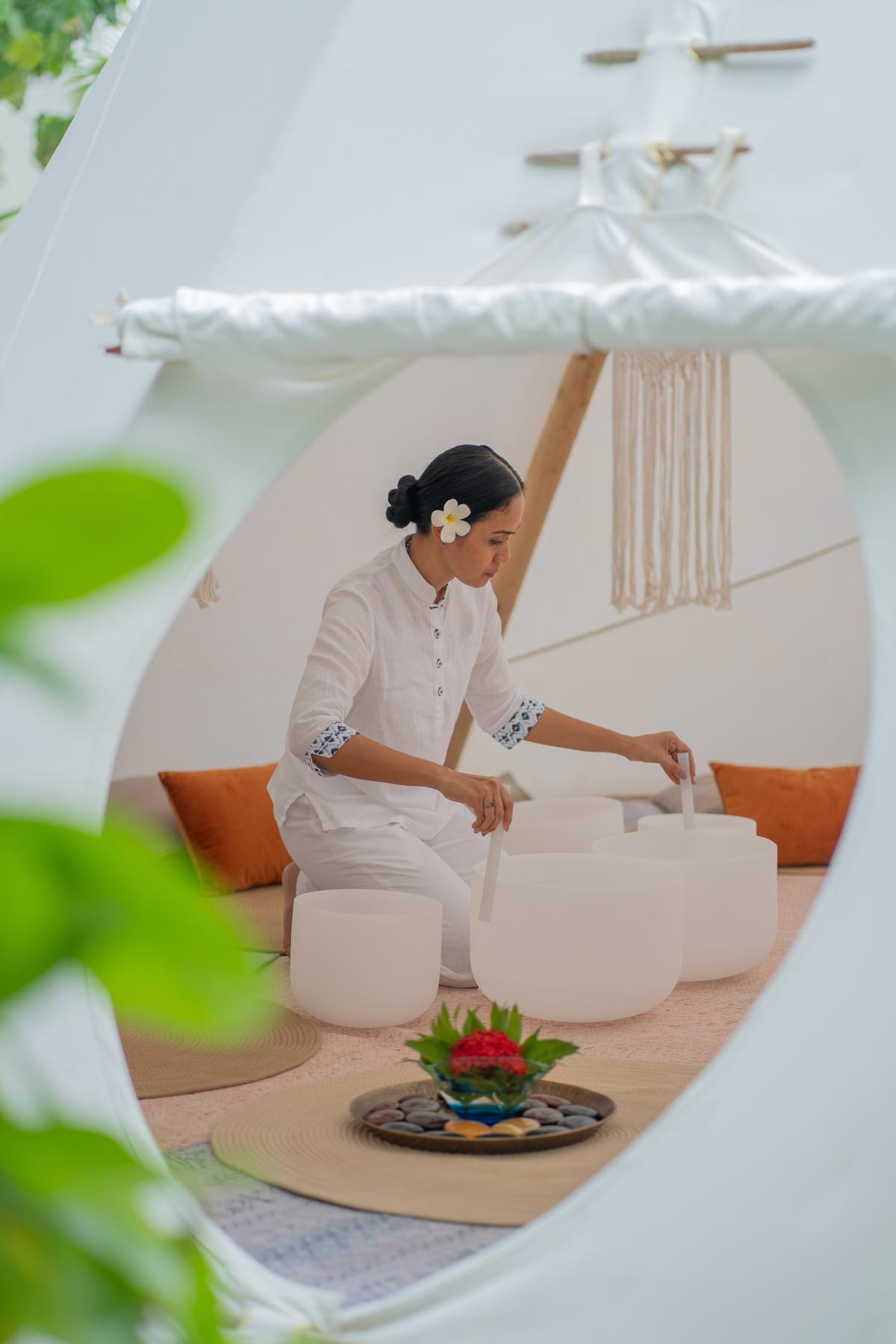 Inside the healing tent that uses a blend of Reiki and sound healing at Four Seasons Kuda Huraa.  Inside the healing tent that uses a blend of Reiki and sound healing at Four Seasons Kuda Huraa.