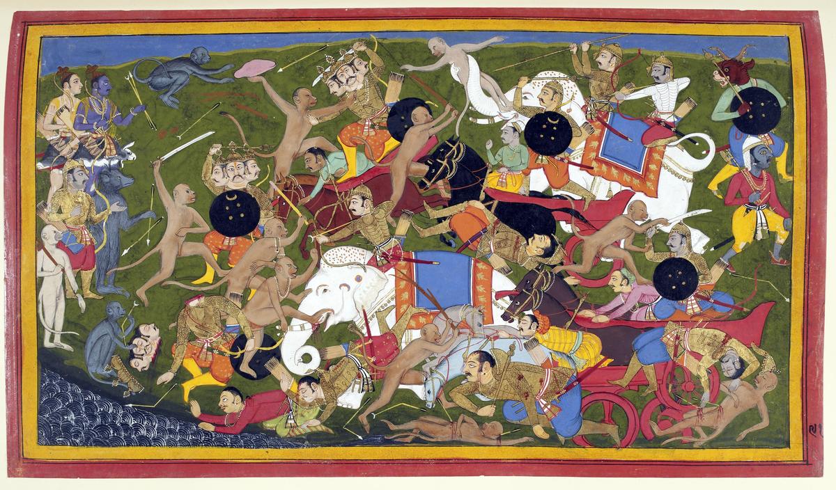 ‘Battle at Lanka’ by miniature painter Sahibdin (1649-1653)