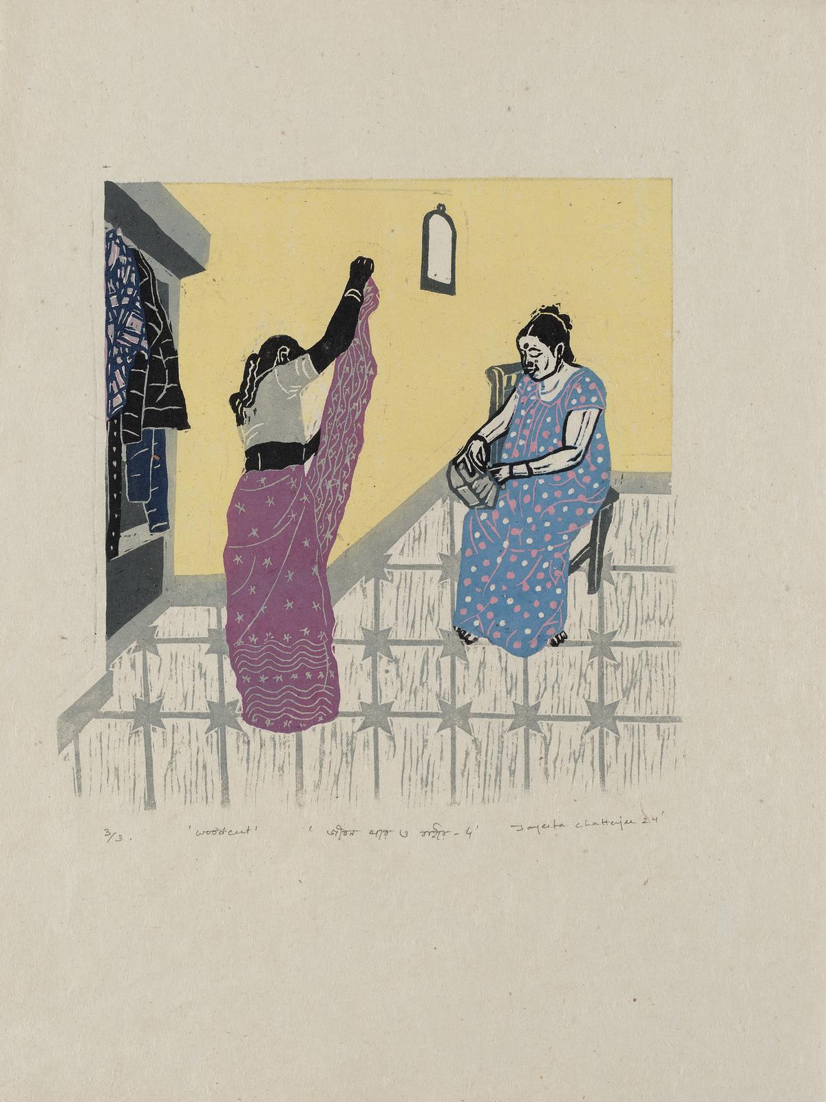 Jibon Ghor O Bayer 4 (Life at home and out), 2024; Woodcut print on rice paper