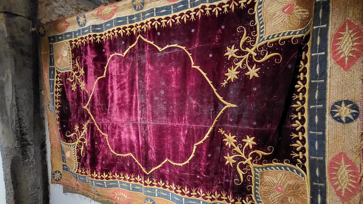 Close-up of an antique textile with zardosi, possibly created in the Deccan Close-up of an antique textile with zardosi, possibly created in the Deccan