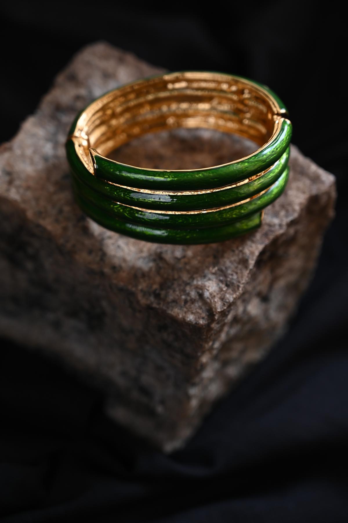 An emerald-green bracelet, which was part of the Nefertiti Egyptian exhibition, from the Metropolitan Museum of Art in New York.