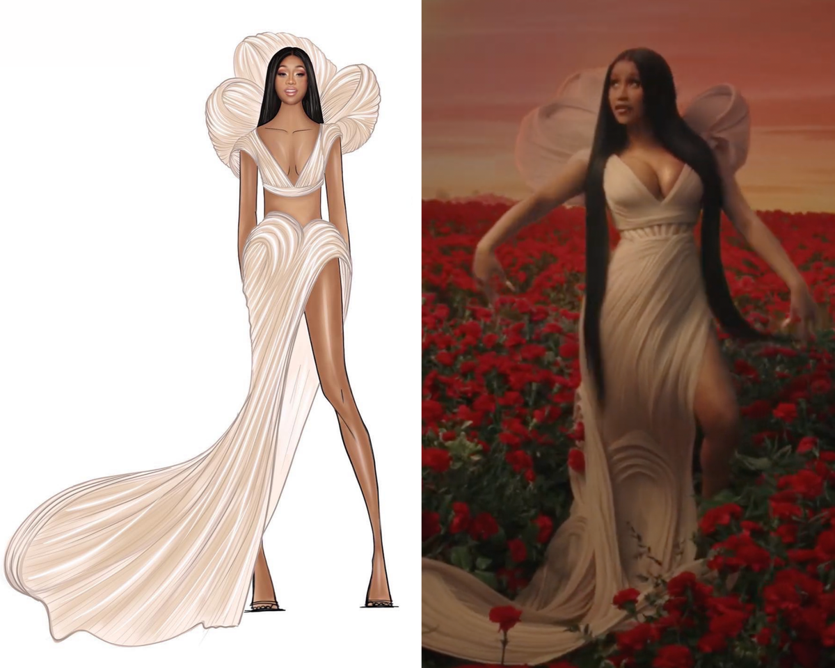 A sketch of Cardi B’s gown, and the rapper in her video A sketch of Cardi B’s gown, and the rapper in her video