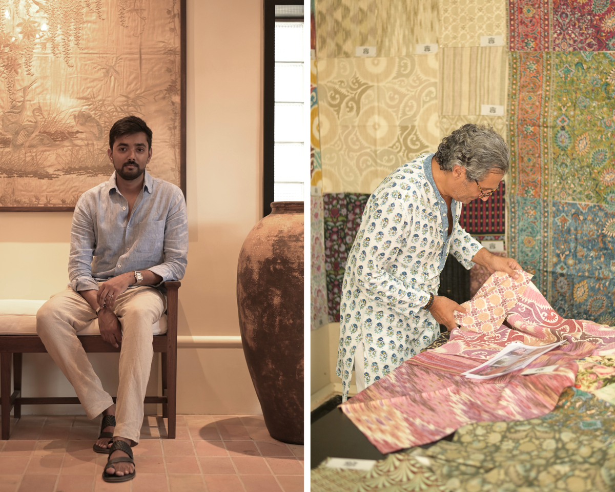 Ananth Ramaswamy of Chester’s, and (right) American designer Peter D’sAscoli selecting fabric for his collaboration with Chester’s 