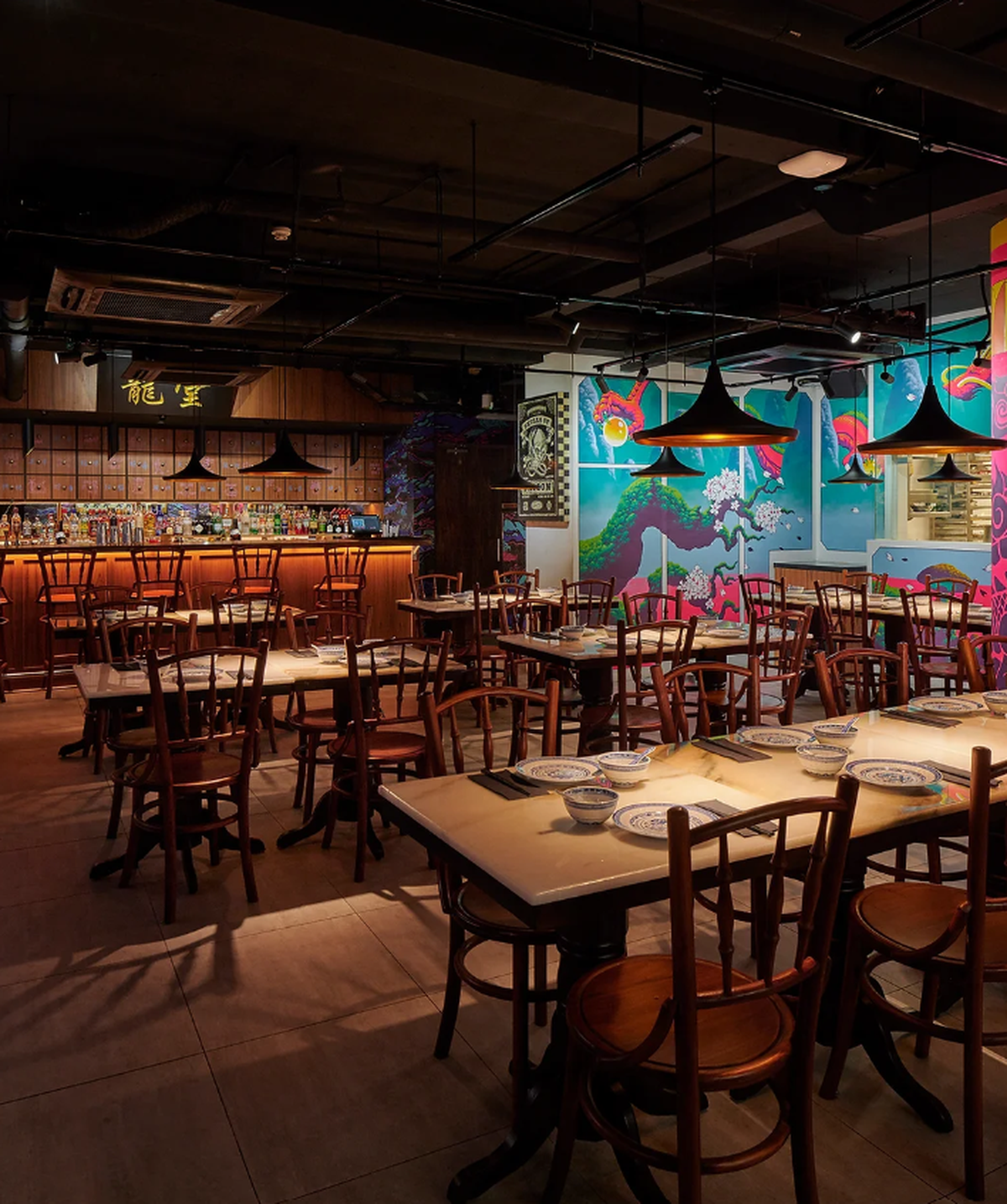 Inside the restaurant, with its wallpapers that give a hat-tip to The Dragon Ball comic book