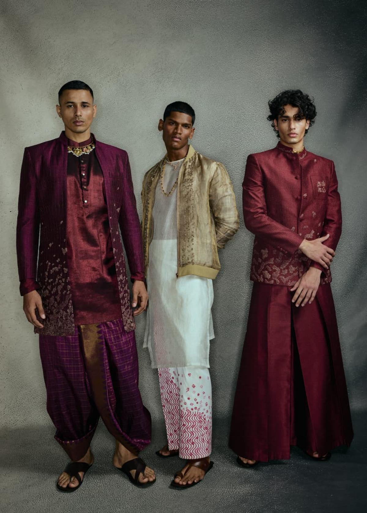 Karunakaran paired elaborate veshtis with bomber jackets in tussar silk and Kanjeevaram