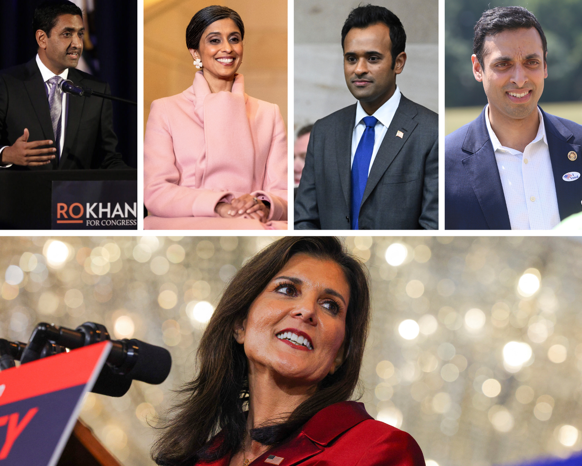 Influential Indian Americans: (Clockwise from top left) Ro Khanna, U.S. representative from California; Second Lady Usha Vance; Vivek Ramaswamy, American entrepreneur and politician; Suhas Subramanyam, U.S. Representative from Virginia; and Nikki Haley, former governor of South Carolina