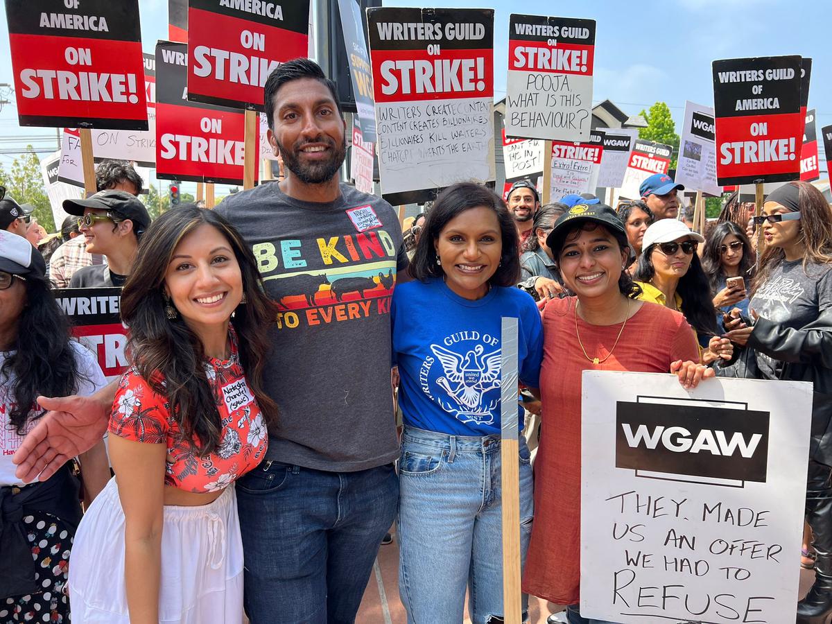 Vidhya Iyer (in the black cap) with Mindy Kaling and other protestors during the Hollywood strikes