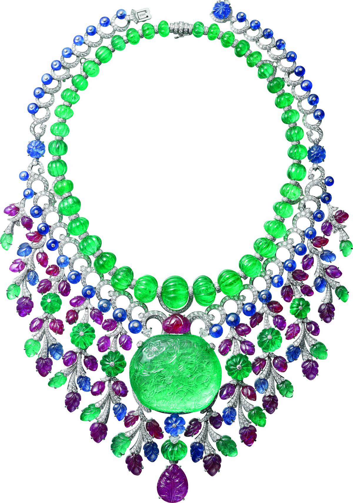 Rajasthan Necklace with 136.99 carat carved cushion-shaped emerald from Colombia (Cartier 2016)