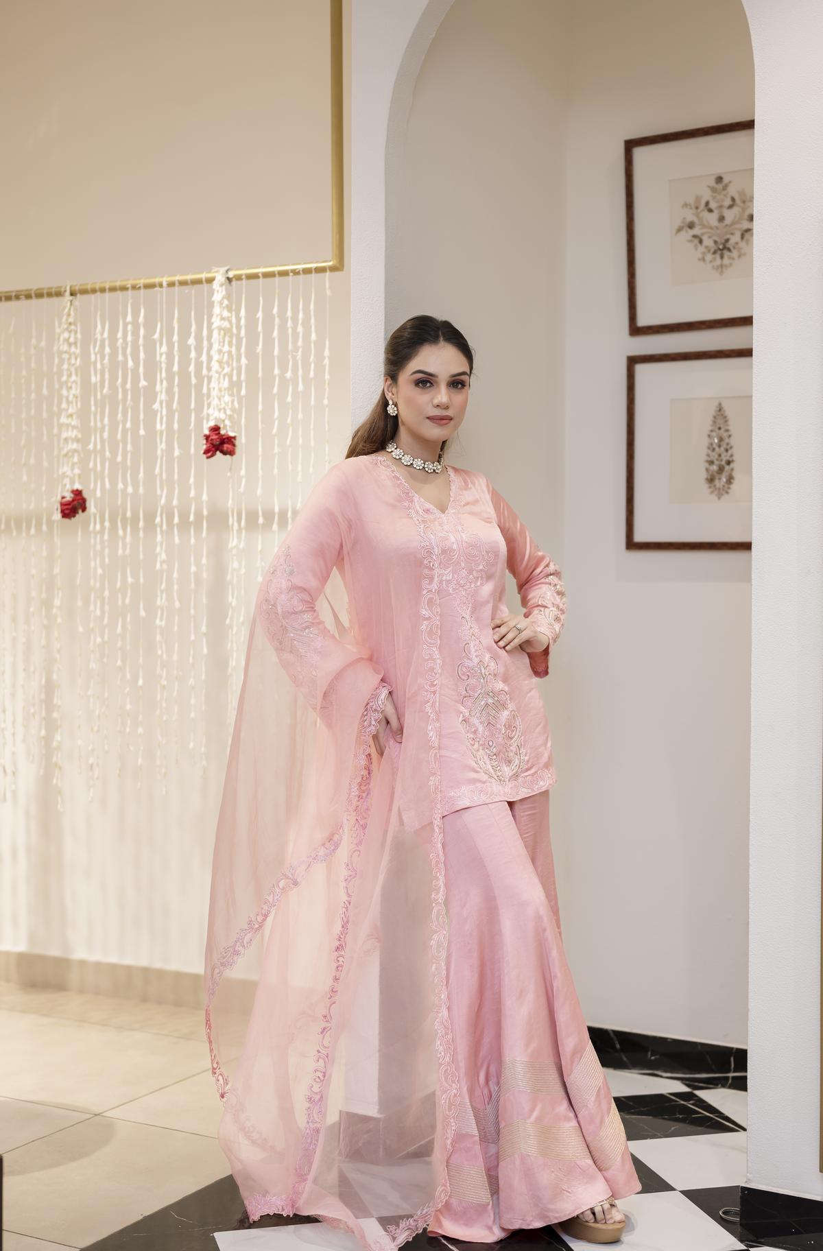 Blush pink dori embroidered sharara set