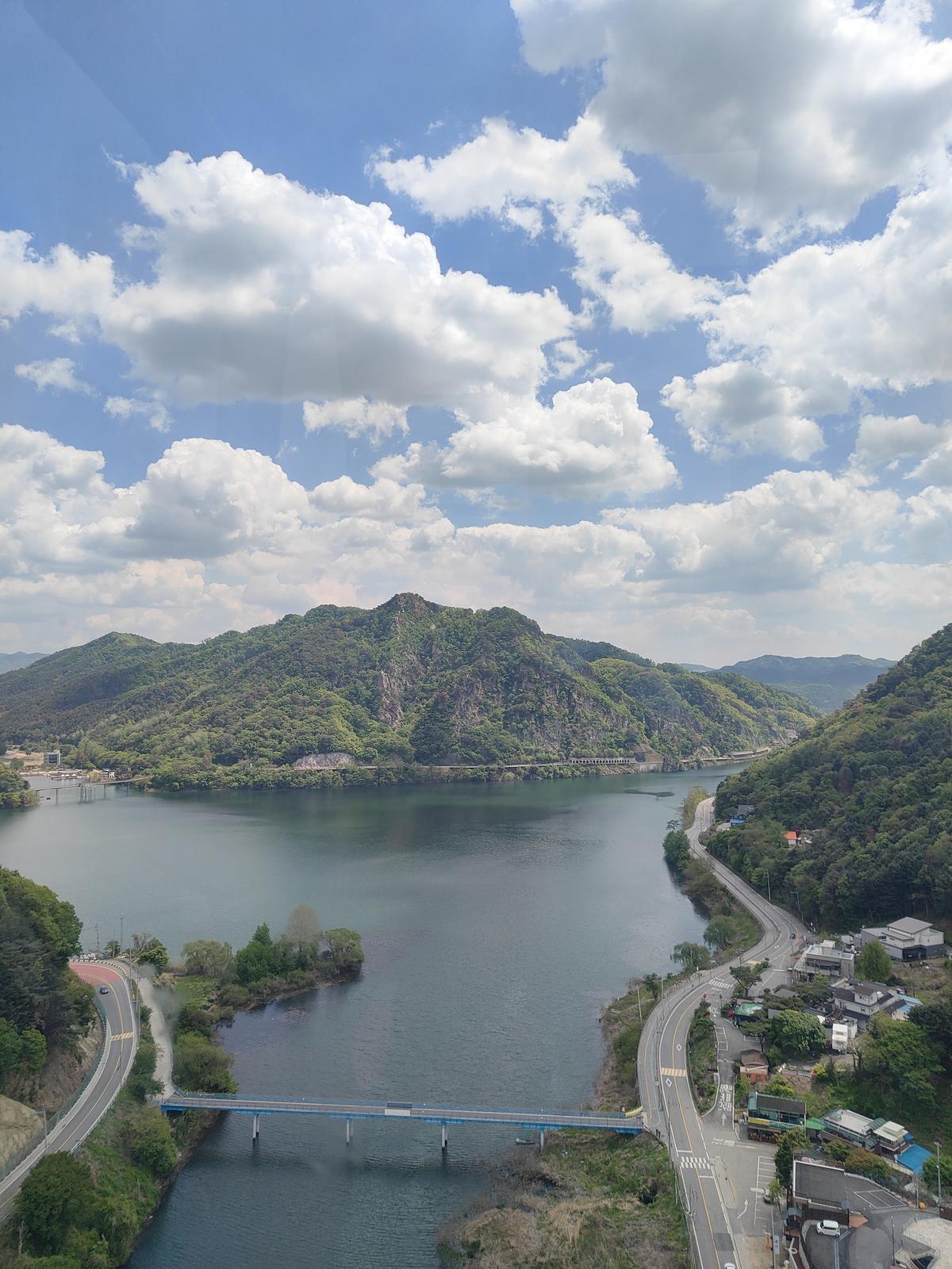 Views of Uiamho lake and CHuncheon city from the Samaksan mountain cable car 
