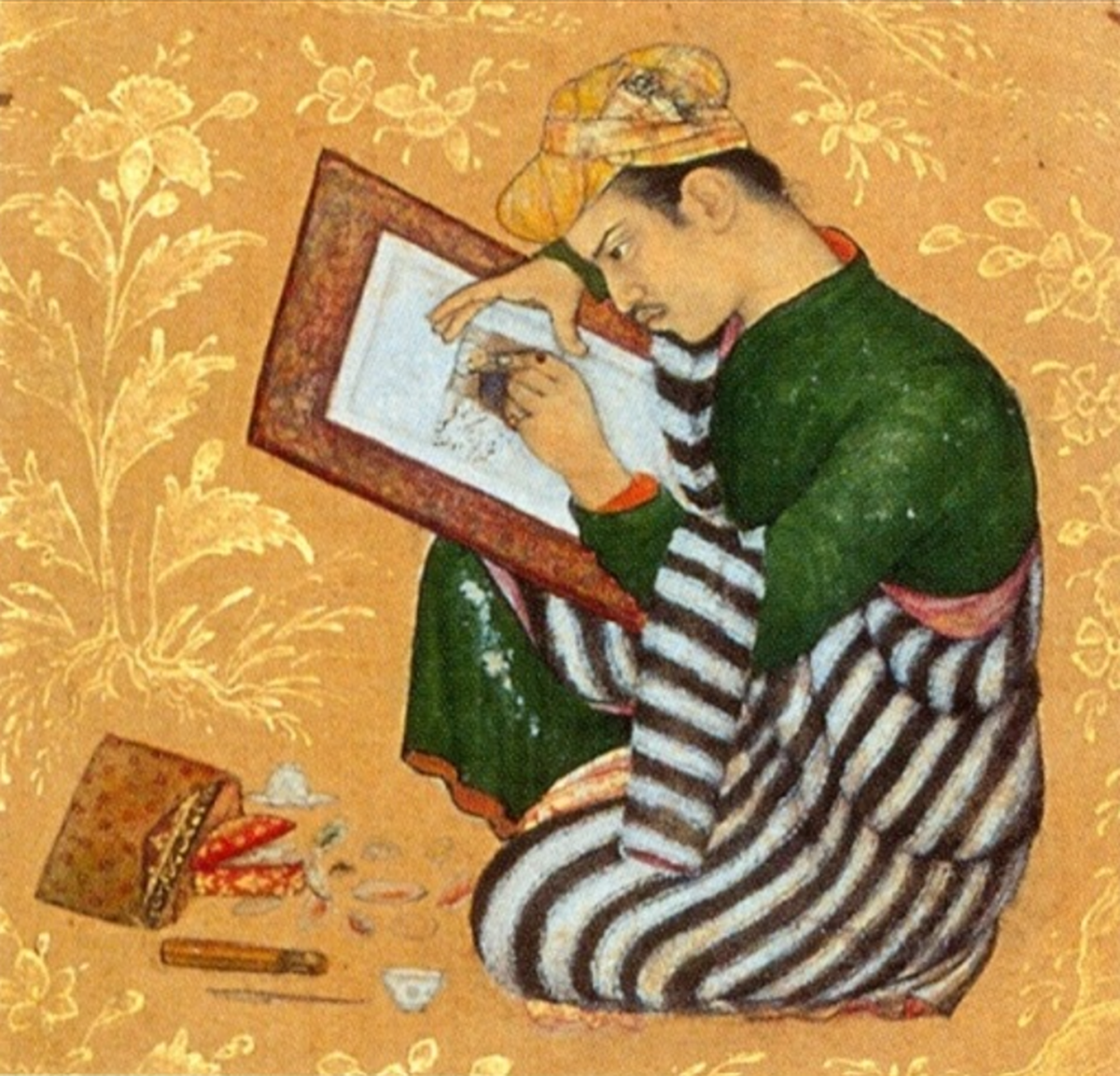 Portrait of Mughal miniature painter Abu’l Hasan by artist Muhammad Daulat, from the Gulshan Album (c. 1610) at Golestan Palace Library, Tehran