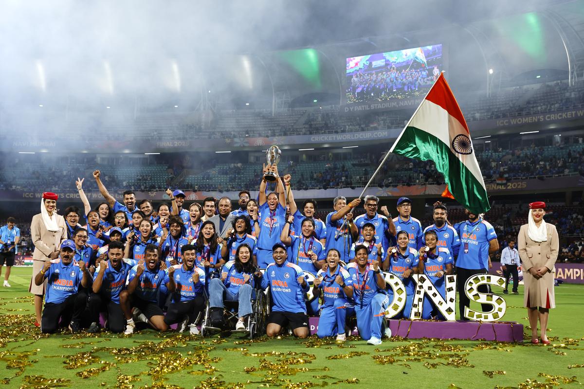 Indian players celebrate with the trophy after winning the Final match of the ICC Women’s Cricket World Cup 2025 between India and South Africa at DY Patil Stadium, Navi Mumbai, India, on November 2, 2025. Indian players celebrate with the trophy after winning the Final match of the ICC Women’s Cricket World Cup 2025 between India and South Africa at DY Patil Stadium, Navi Mumbai, India, on November 2, 2025.
