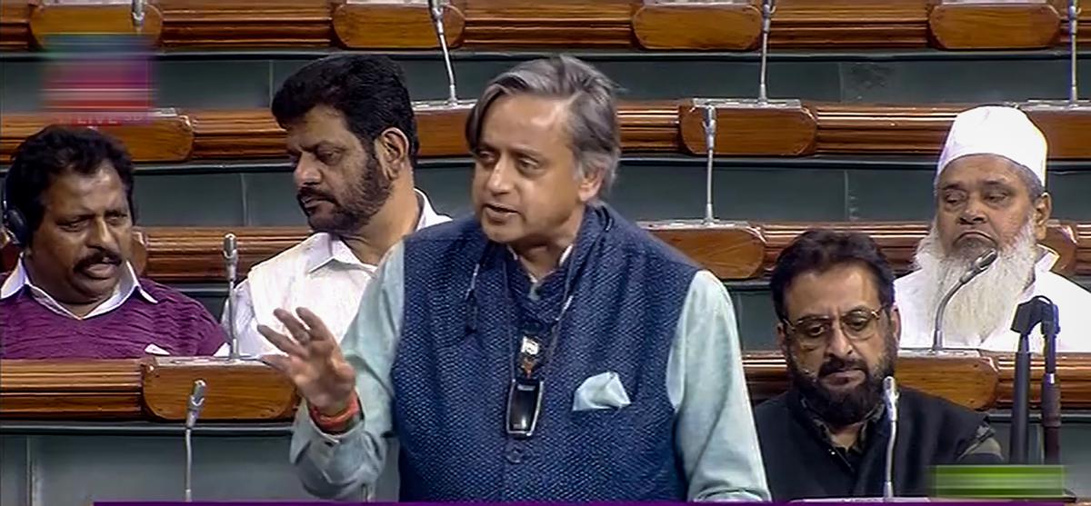 Shashi Tharoor speaks in the Lok Sabha during the Winter Session of Parliament