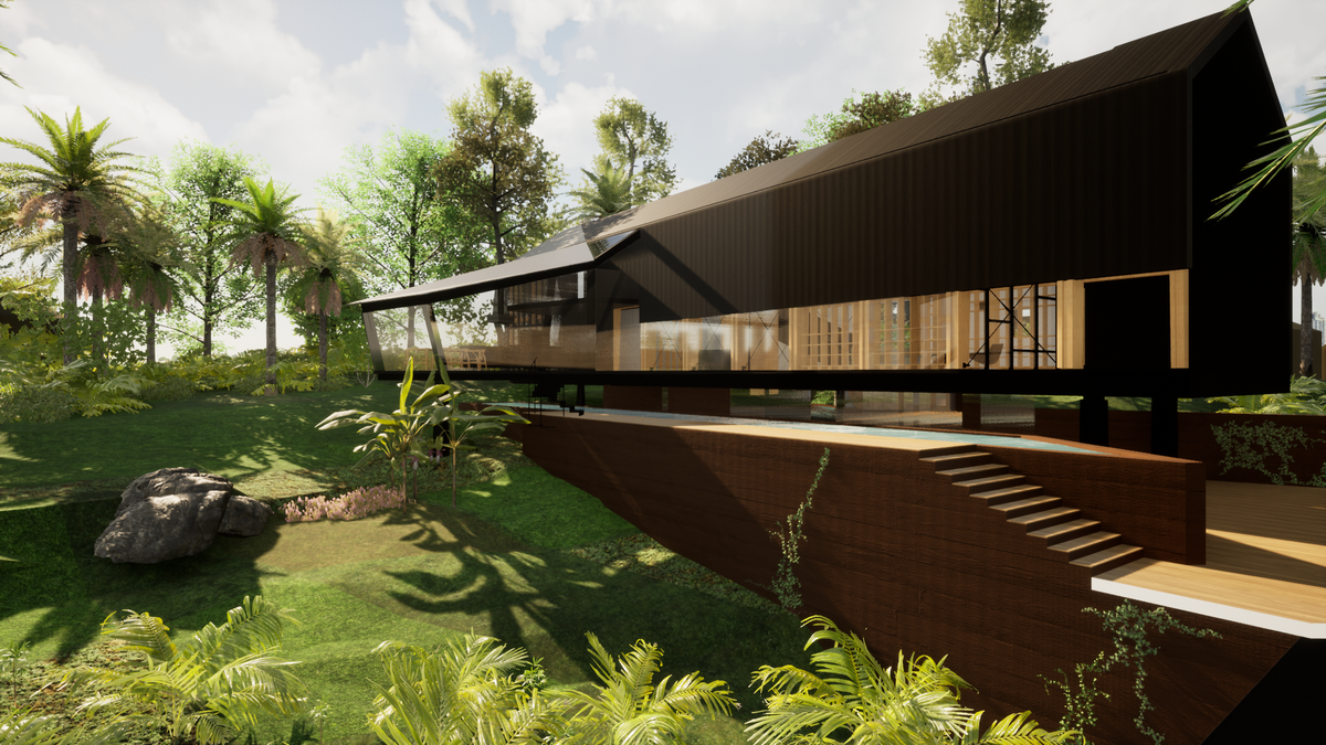 A rendering of Bhatt’s mass timber house in Goa
