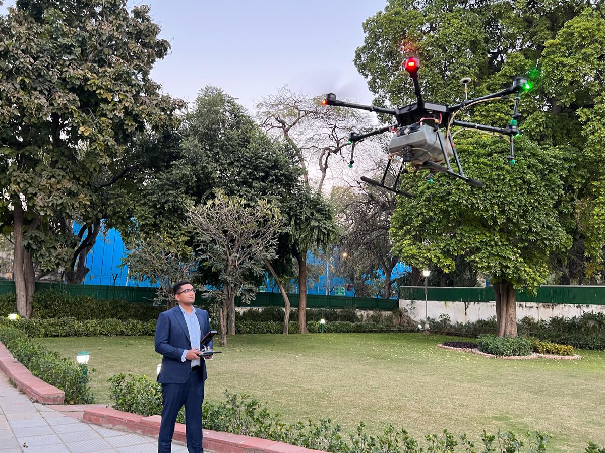 Garuda founder-CEO Agnishwar Jayaprakash flies an agricultural drone