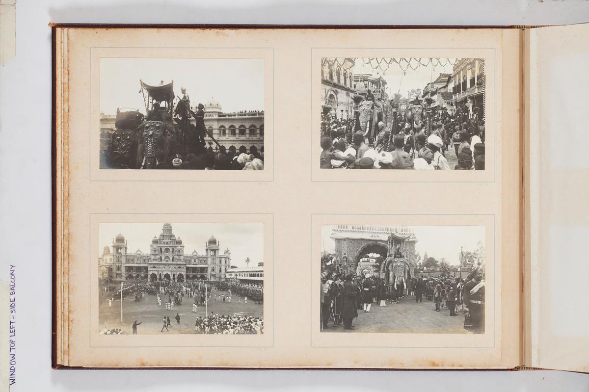 (Clockwise from top left) His Highness the Yuvaraja mounting his state elephant to set out for the marriage pavilion; the procession leaving the new palace in the Fort; the procession en route to the marriage pavilion; the Yuvaraja entering the grounds of Jagan Mohan Palace.
