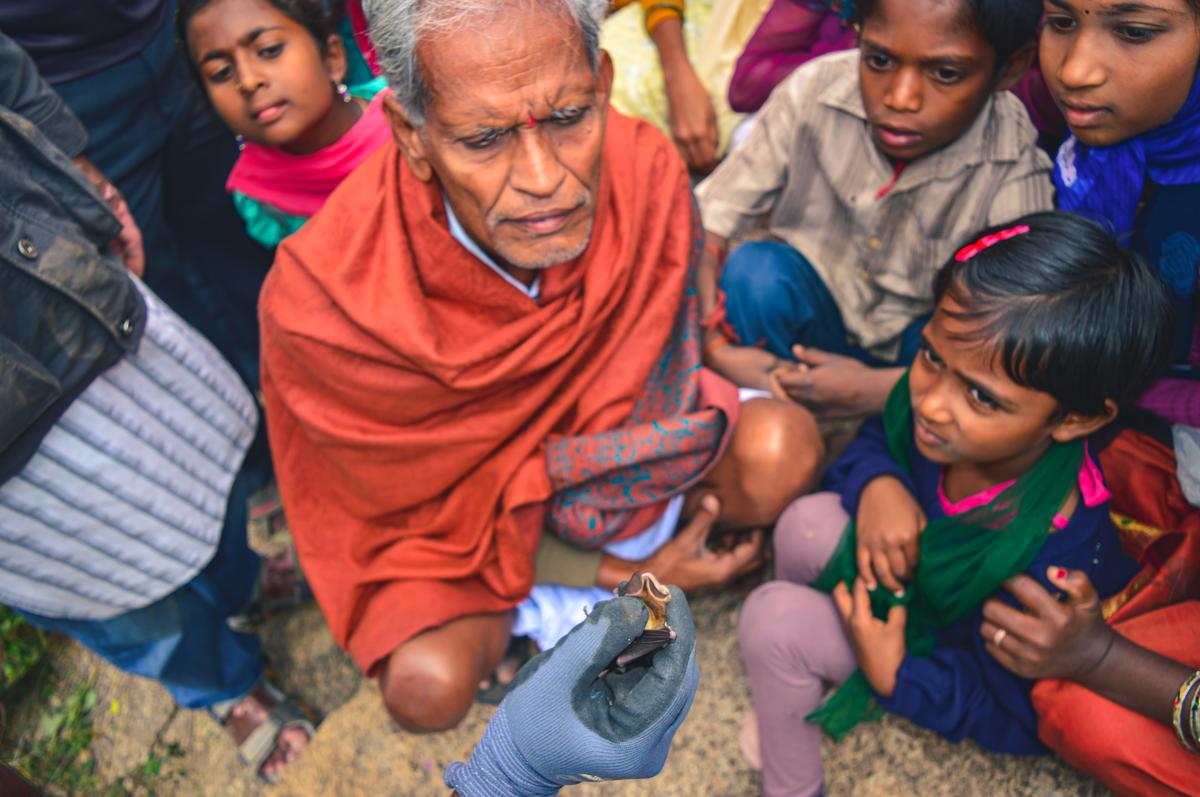 Interacting with the local community in Hanumanhalli village, near where the Critically Endangered Kolar leaf-nosed bat lives