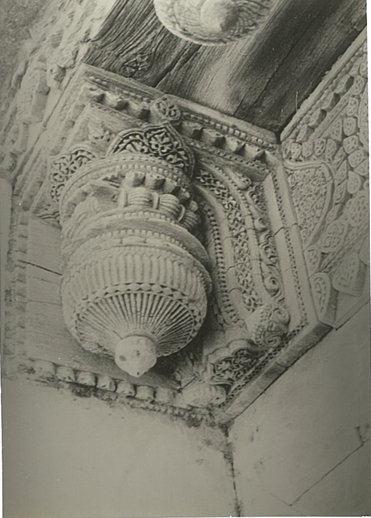 Black and white archival images of Paithan’s wood carvings were part of the exhibition because the designs have been replicated in the textiles