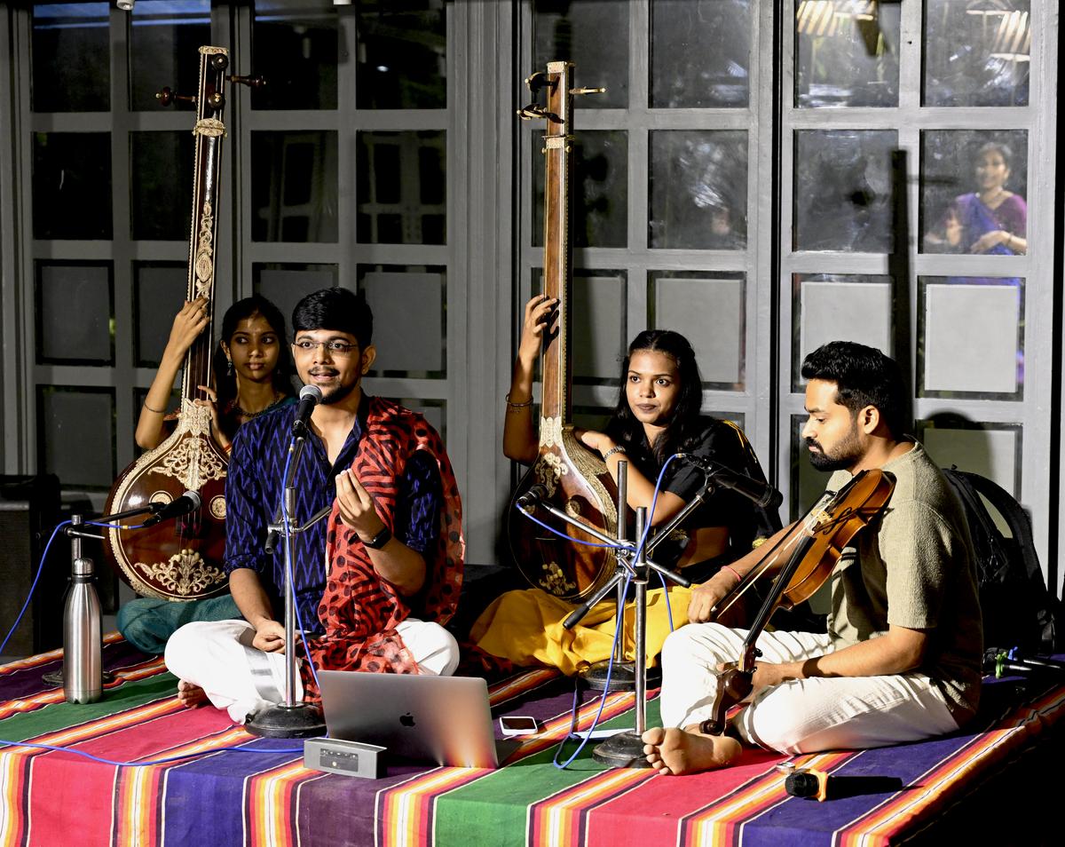 Carnatic singer S Adhithyanarayanan during ‘Aalaap in Movement‘ at The Folly, Amethyst Carnatic singer S Adhithyanarayanan during ‘Aalaap in Movement‘ at The Folly, Amethyst