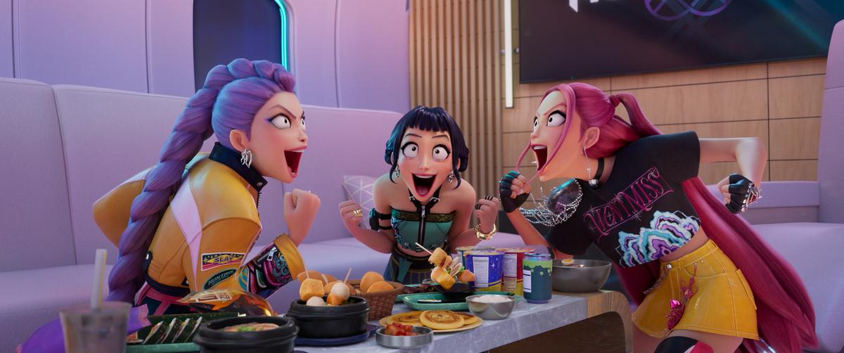 (L-R) Rumi (voice by ARDEN CHO), Zoey (voice by JI-YOUNG YOO) and Mira (voice by MAY HONG). (L-R) Rumi (voice by ARDEN CHO), Zoey (voice by JI-YOUNG YOO) and Mira (voice by MAY HONG).