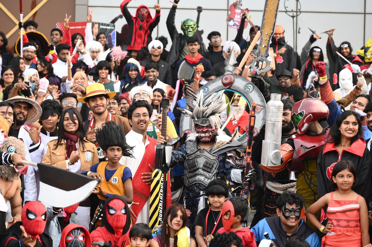 Cosplayers converge for a group photo at Comic Con in Chennai 