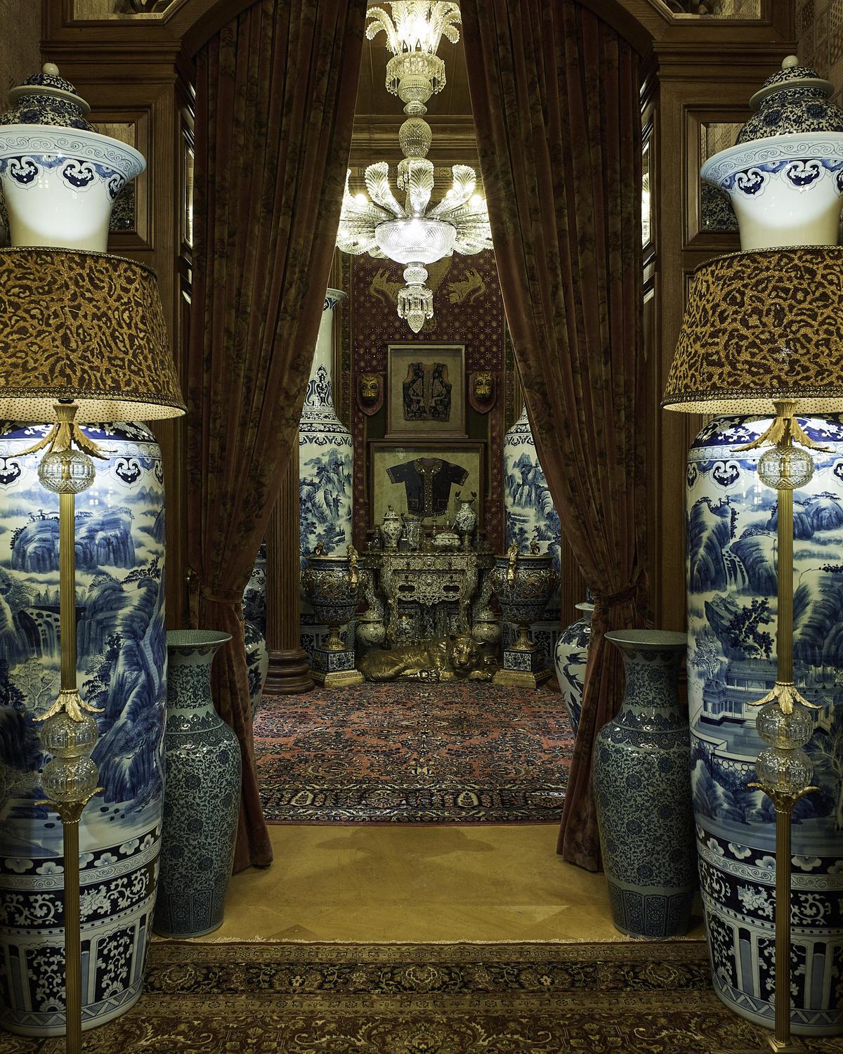 The Sabyasachi Mukherjee store is decorated with over 100 chandeliers, 275 carpets, 3,000 books, and 150 works of art