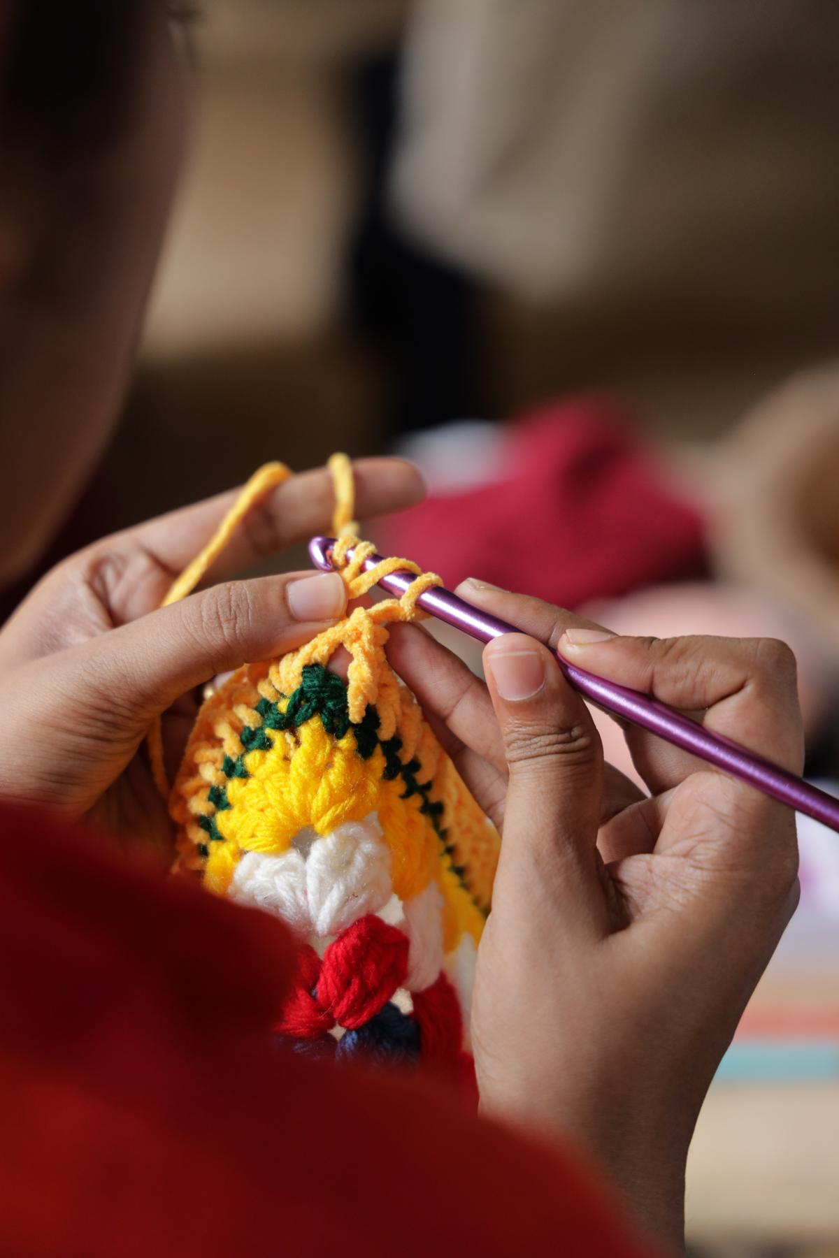One of the 1,000 squares being crocheted 
