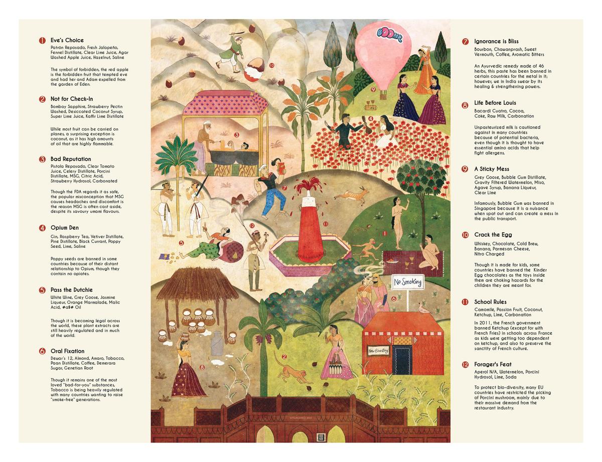 Inspired by the visual narrative of Indian miniature paintings, and printed on a 21.5 x 16-inch canvas sheet, the menu puts the spotlight on artist Rushil Bhatnagar’s artwork 