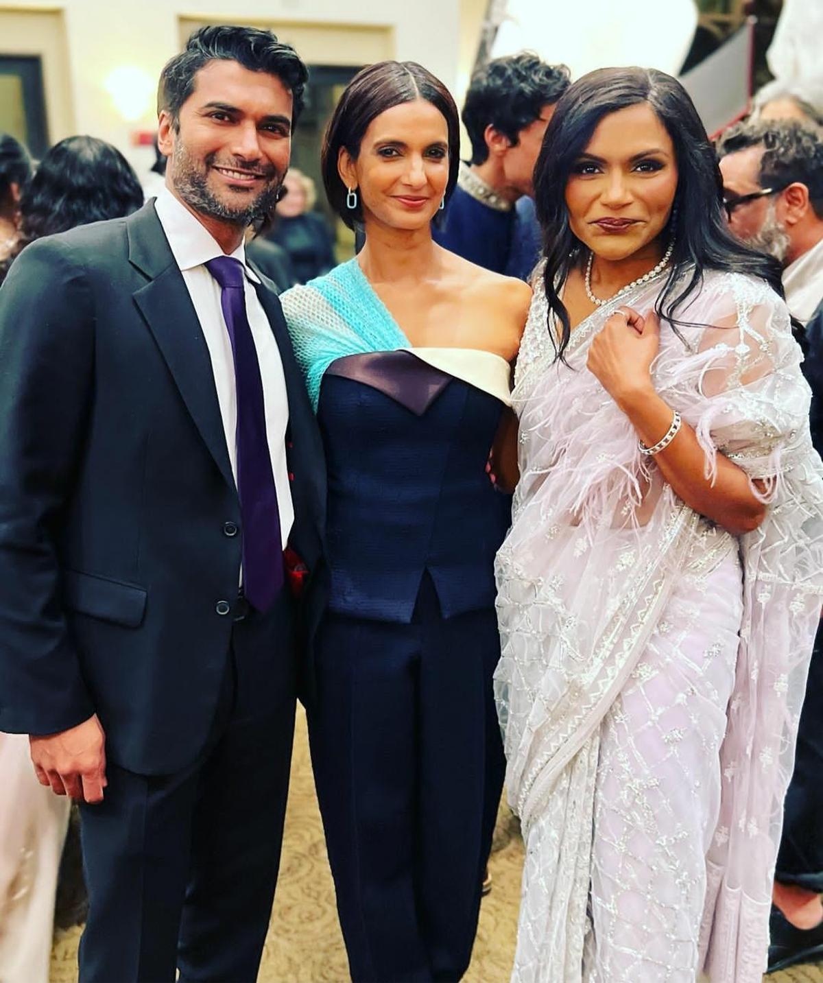 Poorna Jagannathan with actor Sendhil Ramamurthy and actor-producer Mindy Kaling