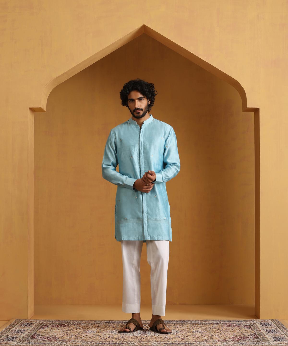 Blue hand E=embroidered Chiniya silk kurta with cotton pants