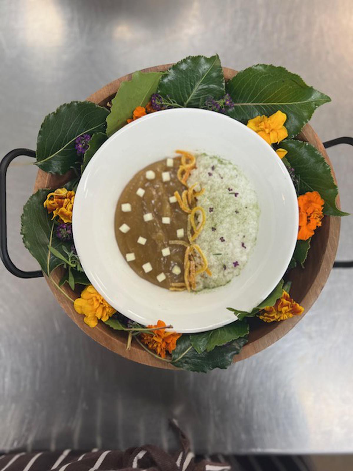 Green apple halwa with candied citrus, apple crystals and cardamom