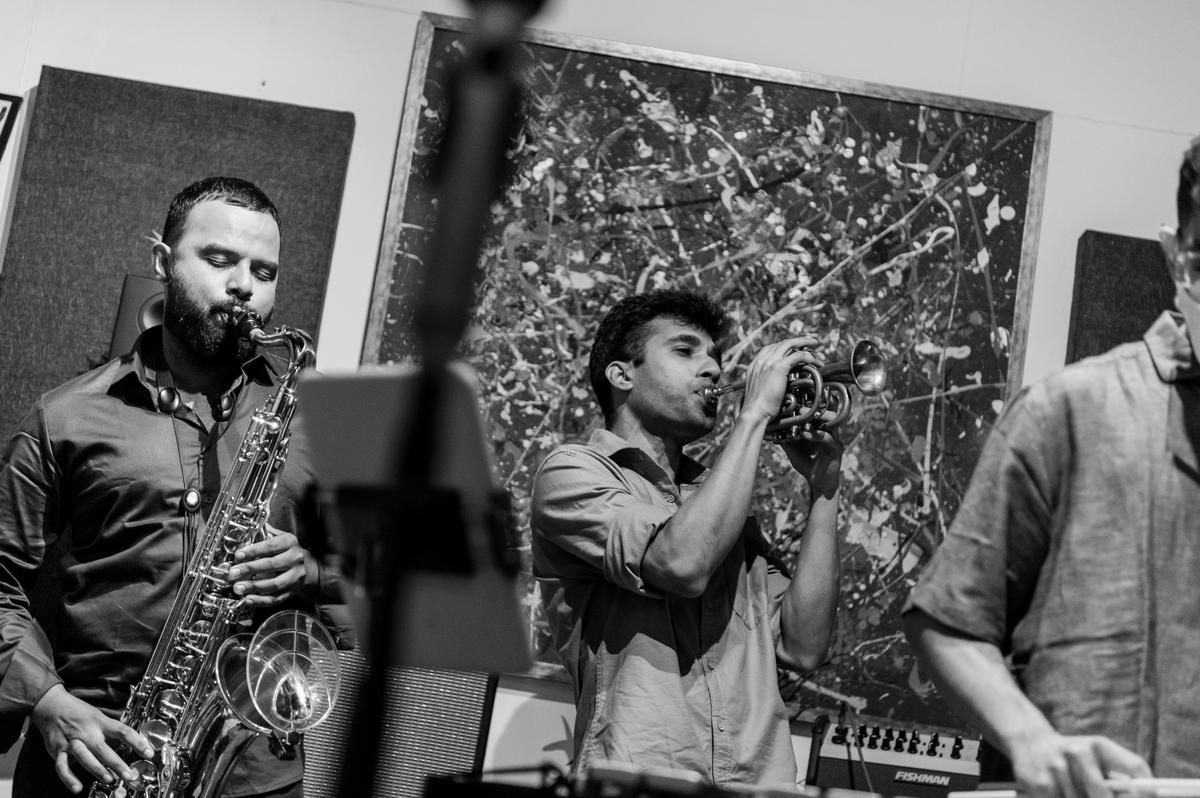 Wesley and Sahib, playing at the first gig. 