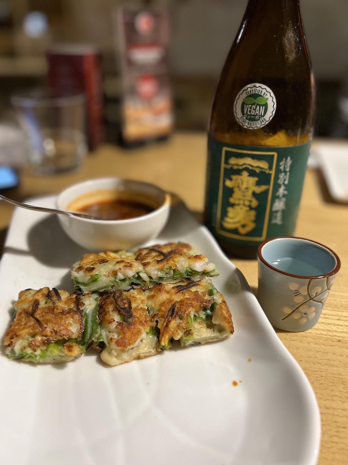 Haemul Pajeon (Korean seafood pancakes) with a Ginjo Sake at Kofuku, New Delhi