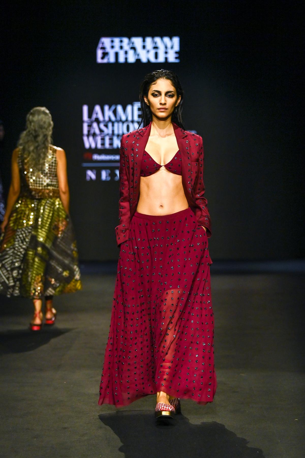 Model walks the ramp during Abraham & Thakore show at the Lakme Fashion Week 2024 