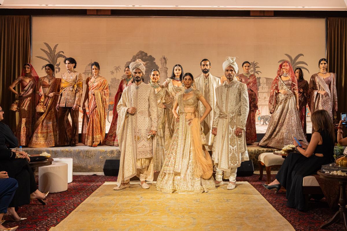 The silhouettes — in tulle, lace, satin organza, and bandhini — include lehengas, panelled kalidars, concept saris, layered jackets, and structured corsets The silhouettes — in tulle, lace, satin organza, and bandhini — include lehengas, panelled kalidars, concept saris, layered jackets, and structured corsets