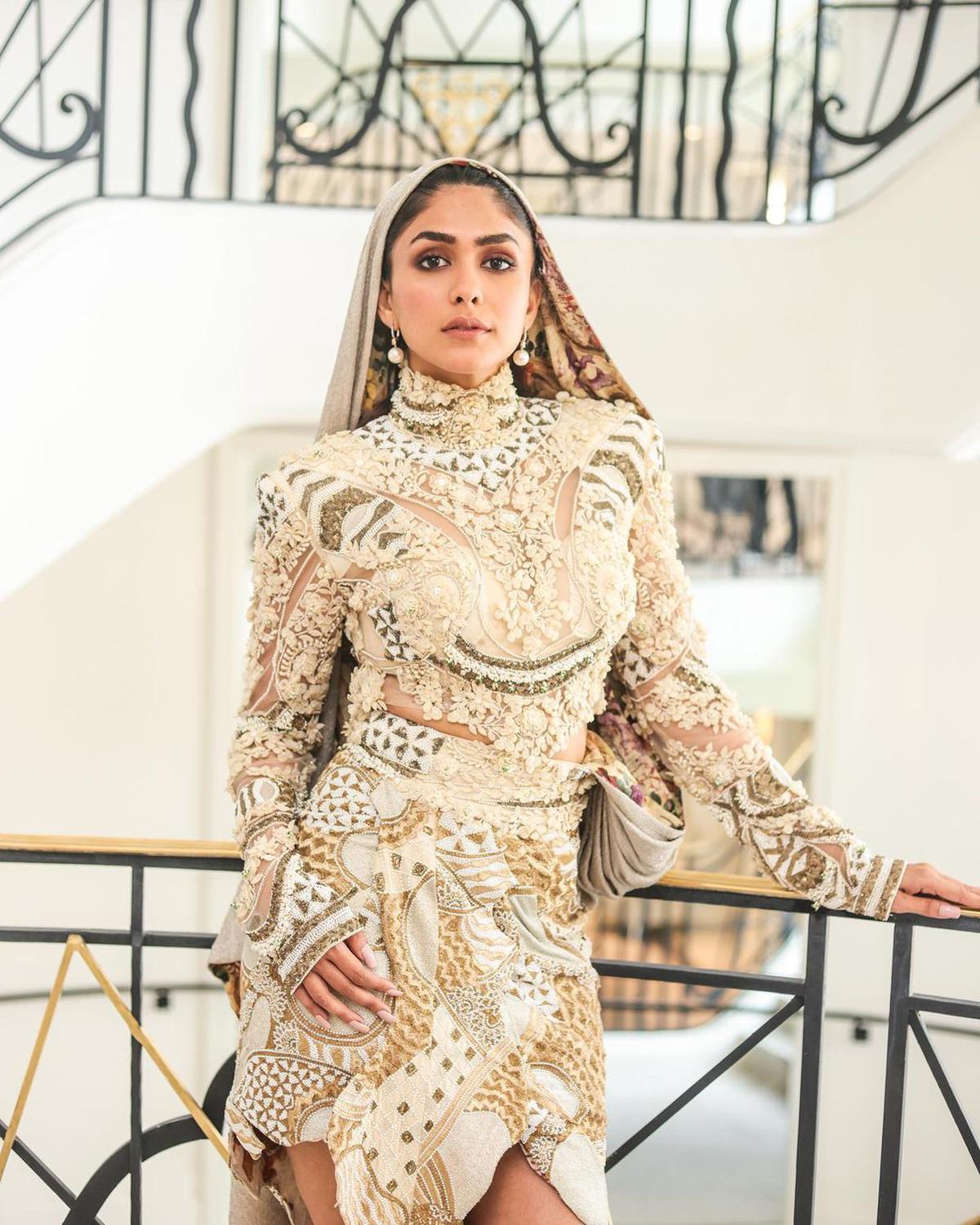 Mrunal Thakur in an outfit designed by Anamika Khanna for Cannes 2023