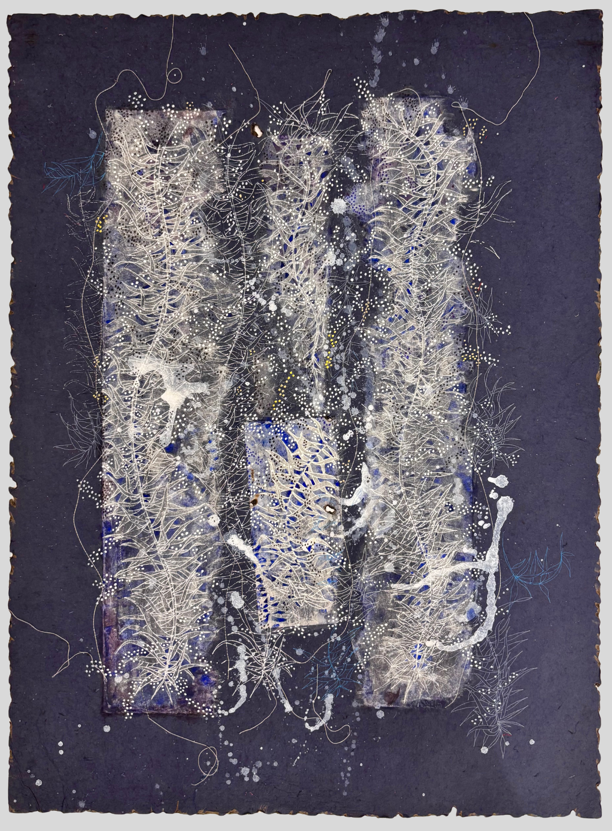 An artwork with Japanese kozo paper, machine embroidery, and acrylic paint